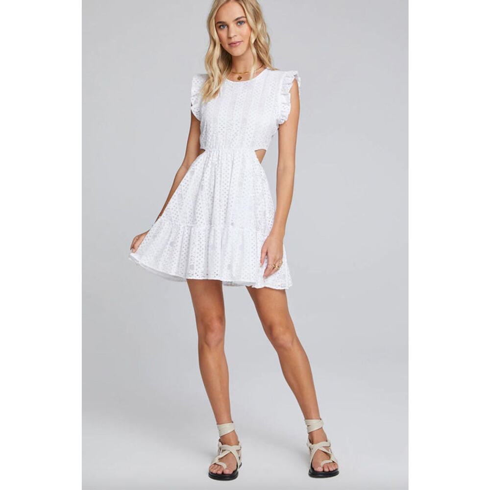 Saltwater Luxe Women’s Eyelet Mini Ruffle Sleeves Cutout Waist Dress‎ Sz S White